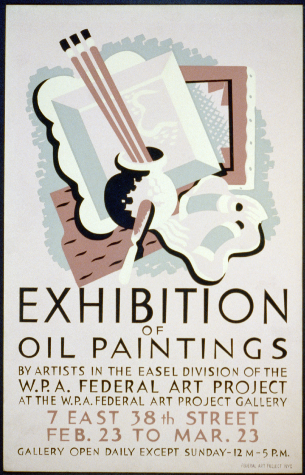 Exhibition of oil paintings by artists in the easel division of the W.P.A. Federal Ar, 1936 — vintage poster