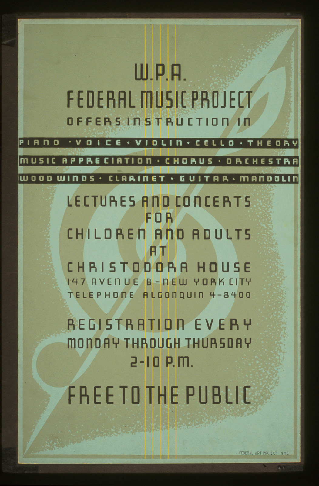 W.P.A. Federal Music Project offers instruction in piano voice violin cello theory [., 1936 — vintage poster