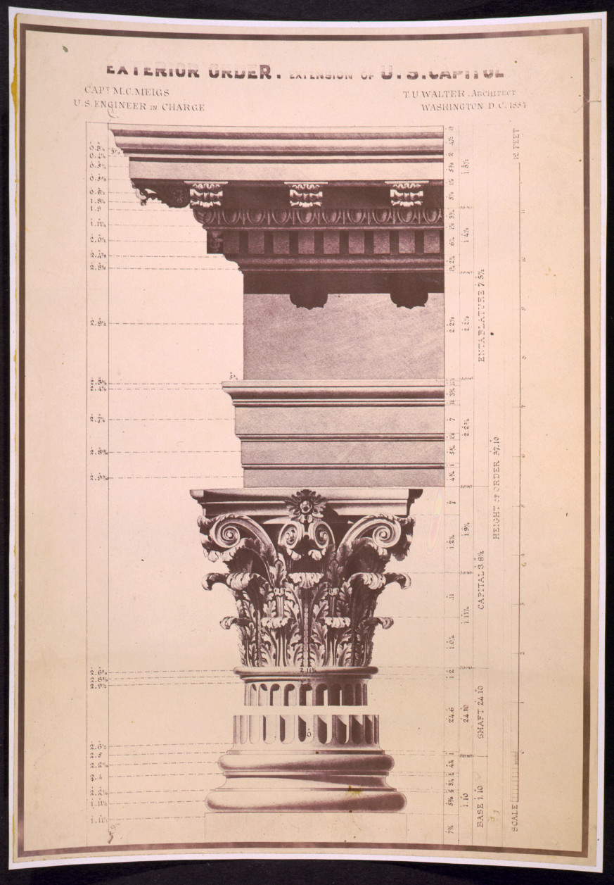 [United States Capitol (Washington, D.C.). Extension. Exterior order] / Capt. M.C. Meigs, U.S. engineer in charge ; Tho. U. Walter, architect, Washington, D.C., 1854., and Engineering (ADE) Drawings" (http://www.loc.gov/rr/print/res/103_ade.html)." — historic image