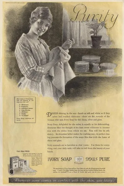 Ivory Soap advertisement titled Purity, with dishes and a woman