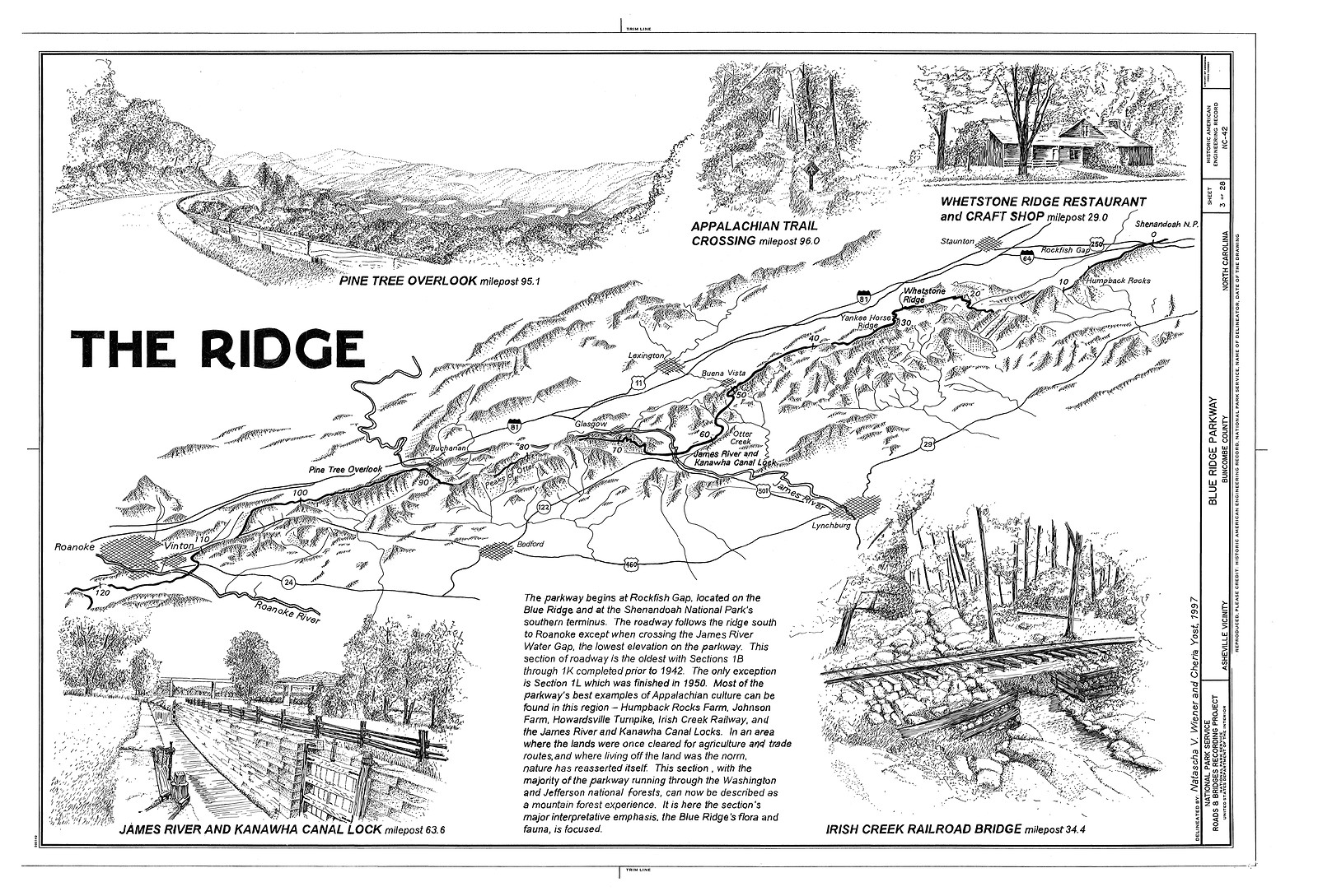 The Ridge: Blue Ridge Parkway map with sketched vignettes — antique map