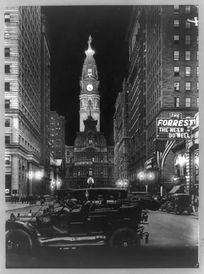 [Night view of Broad Street with lit tower of City Hall, Philadelphia, Pennsylvania]