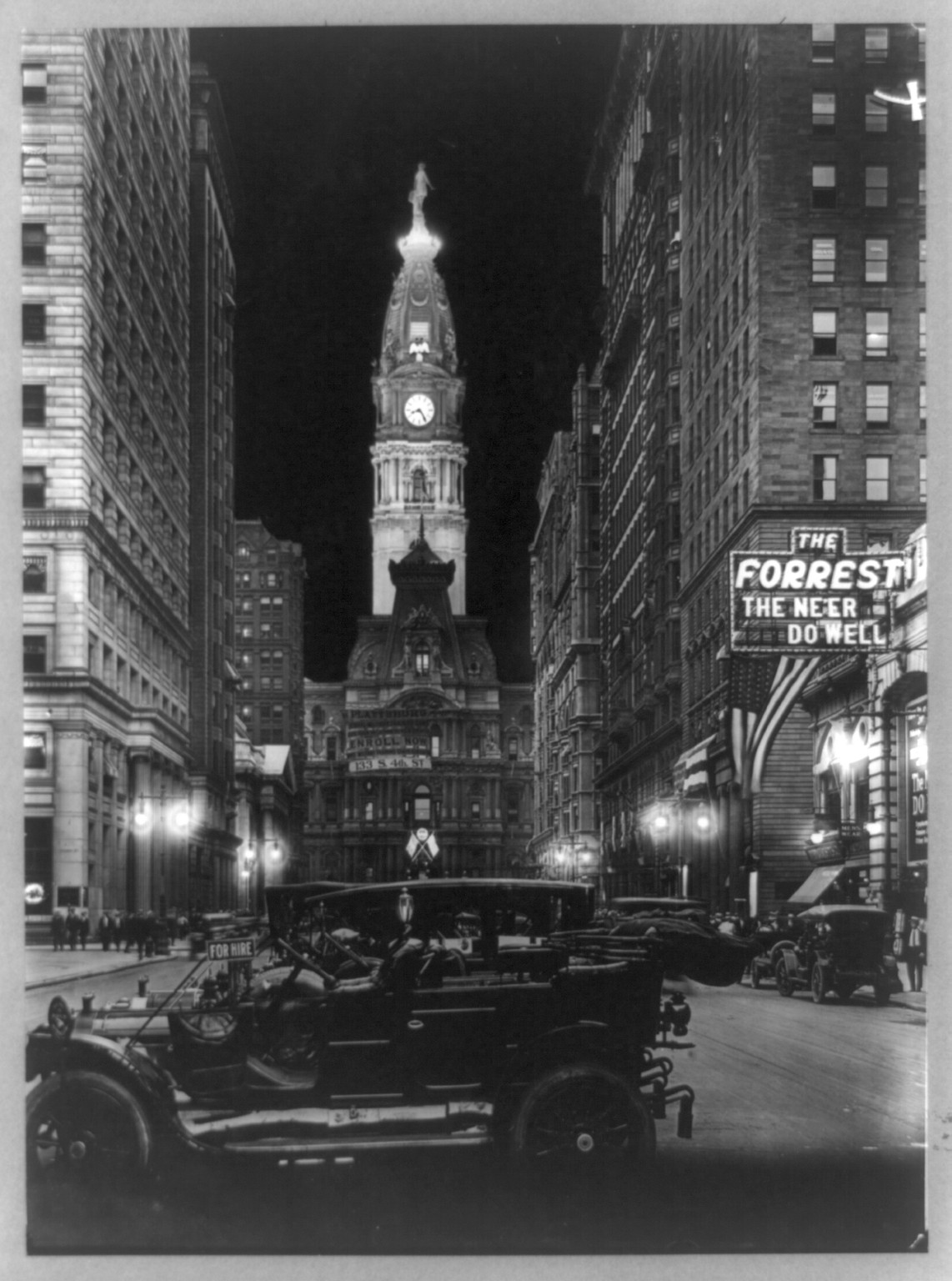 [Night view of Broad Street with lit tower of City Hall, Philadelphia, Pennsylvania], c1916. — historic photograph