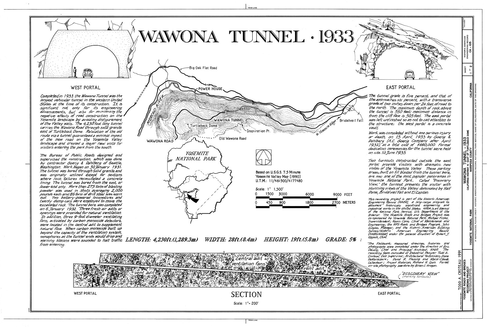 Wawona Tunnel 1933, plan, elevation and section drawing — historic drawing