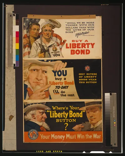 Three-panel poster: Buy a Liberty Bond, Your Money Must Win the War