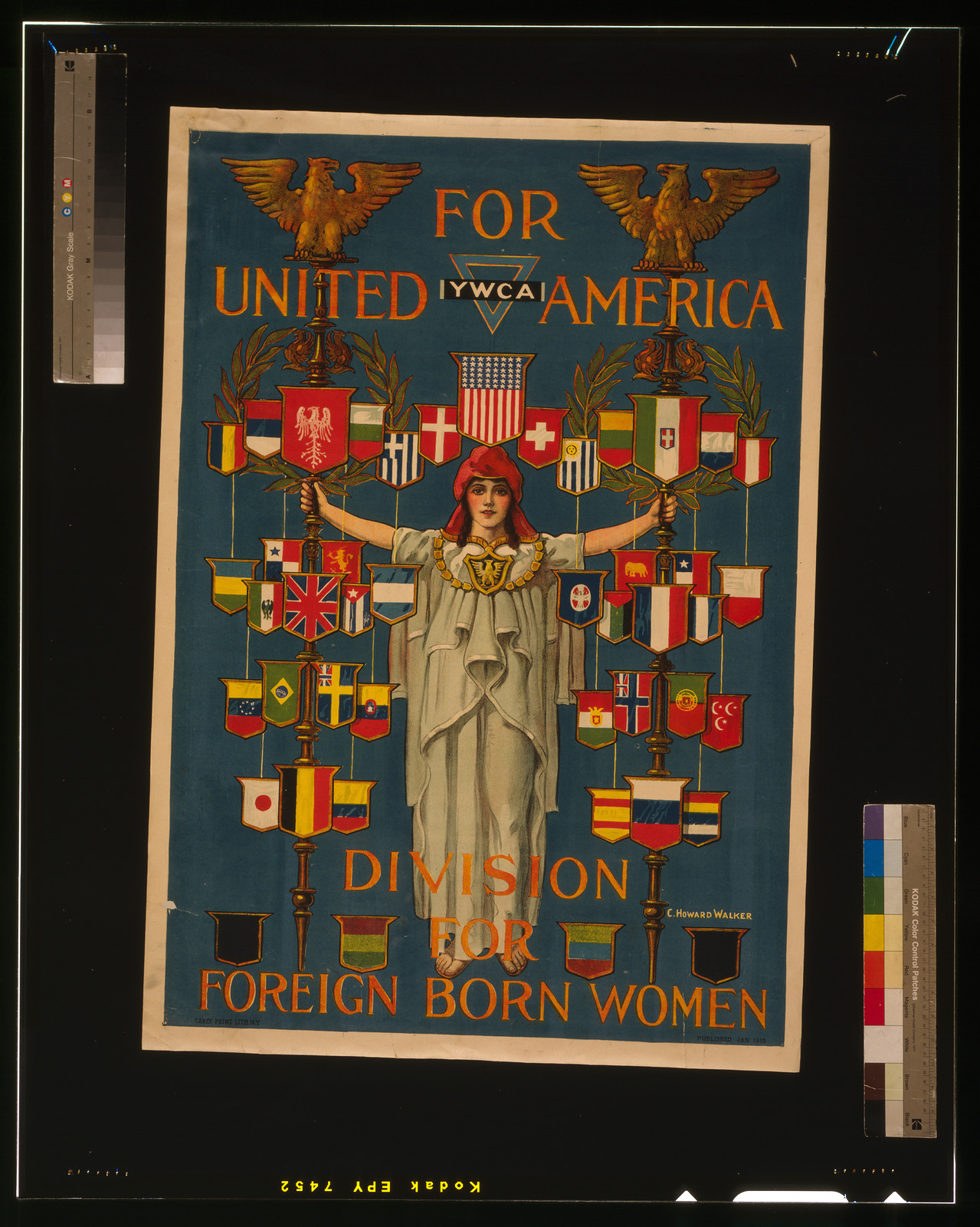 For united America YWCA division for foreign born women / C. Howard Walker Carey Print Lith. N.Y., 1919 — vintage poster