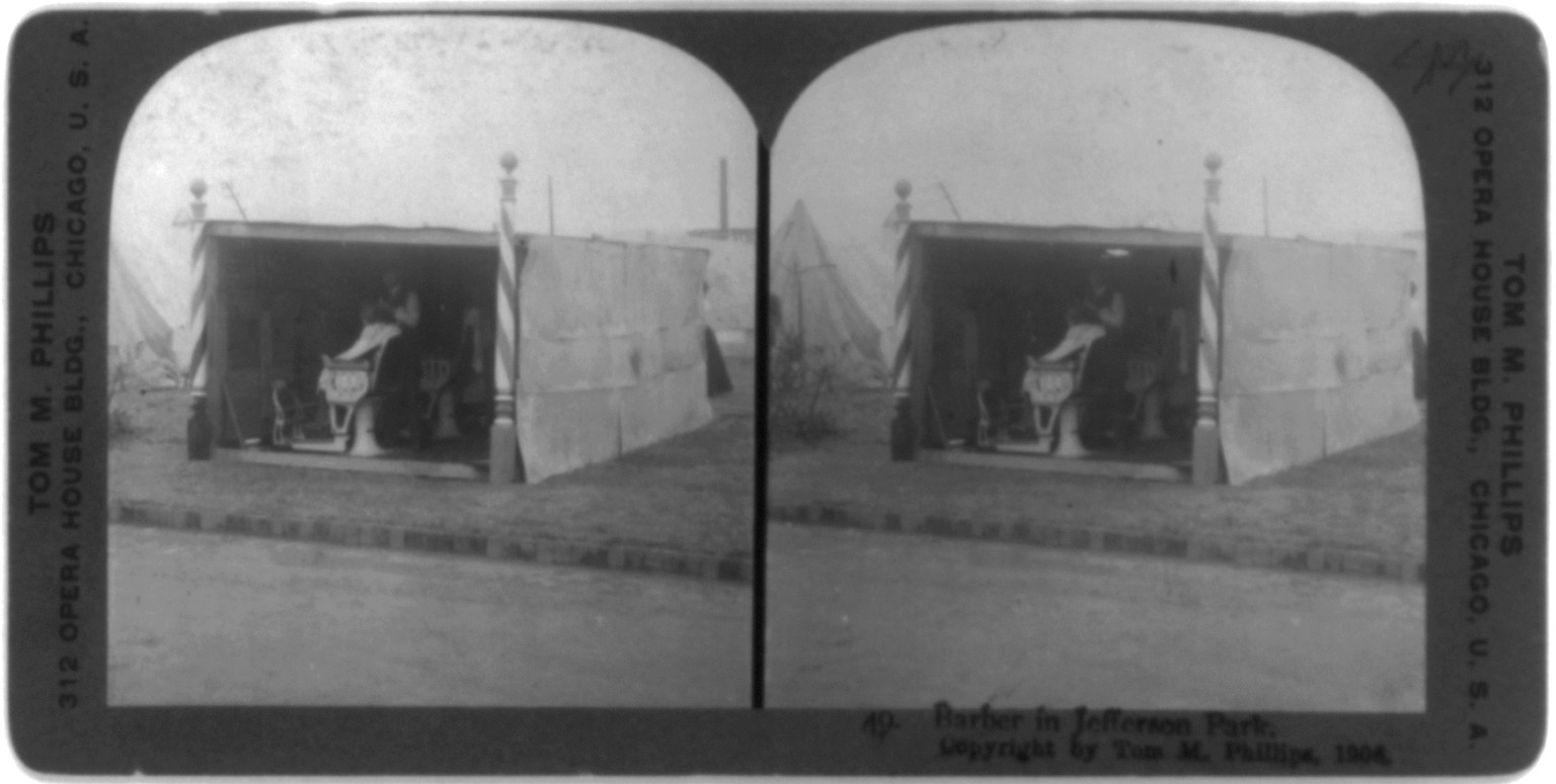 San Francisco earthquake, 1906: Barber in Jefferson Park, c1906. — historic photograph