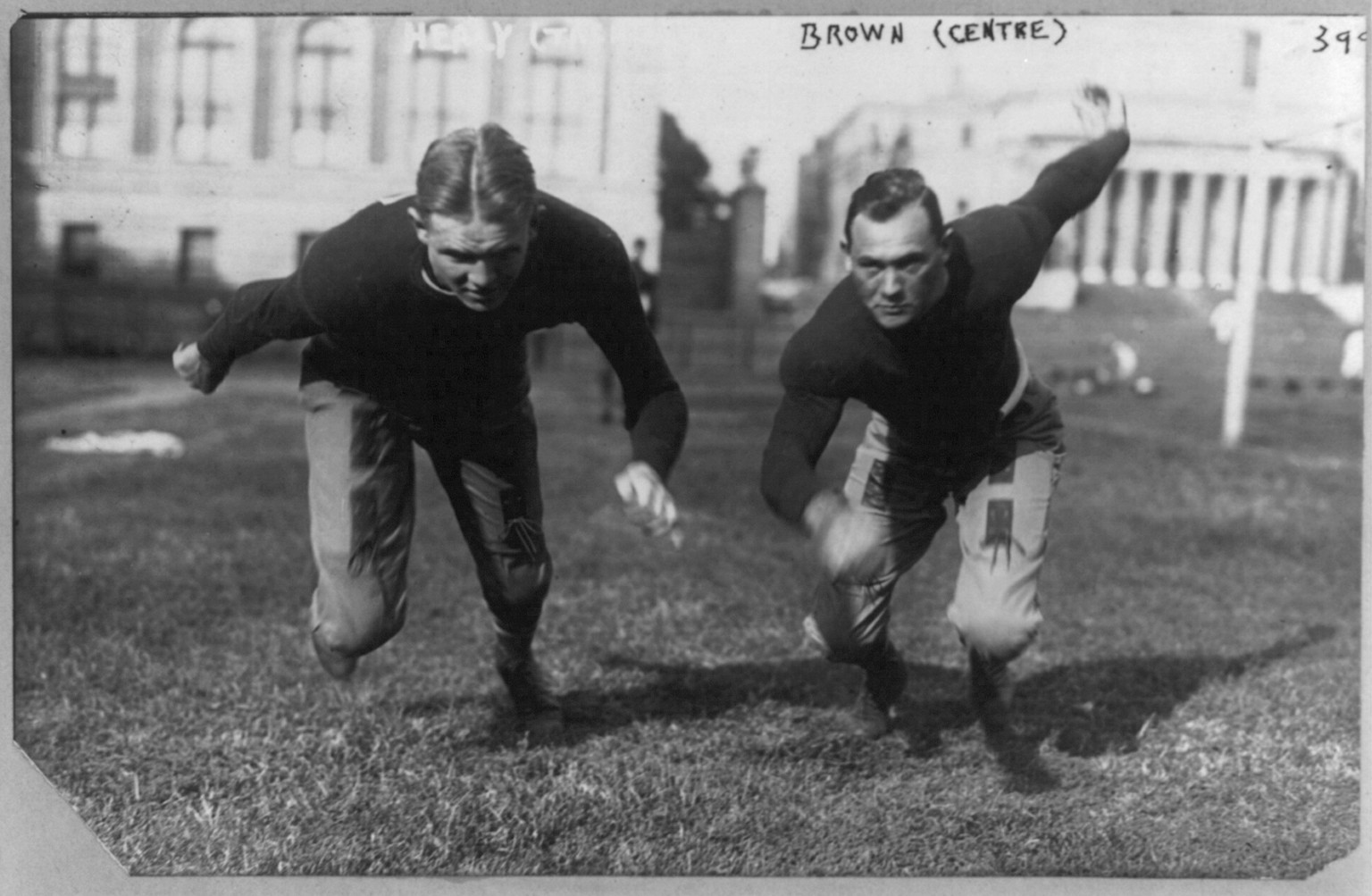 Healy, tackle, and Brown, center, on Columbia Football Team, 1916 Sept. 21. — historic photograph
