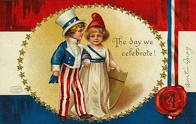 Children in Uncle Sam costume, 'The day we celebrate!' Fourth of July postcard