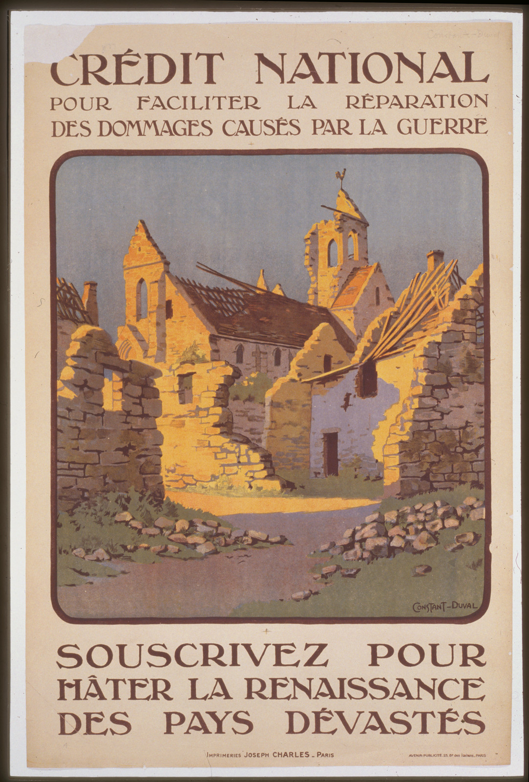 Creacutedit National pour faciliter la reacuteparation des dommages causeacutes par la guerre. Souscrivez pour hacircter la renaissance des pays deacutevasdeacutets, 1920 — vintage poster