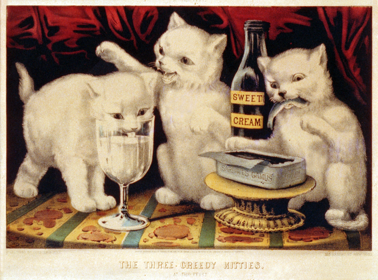 The three greedy kitties: at the feast, New York : Published by Currier & Ives, c1871. — antique lithograph