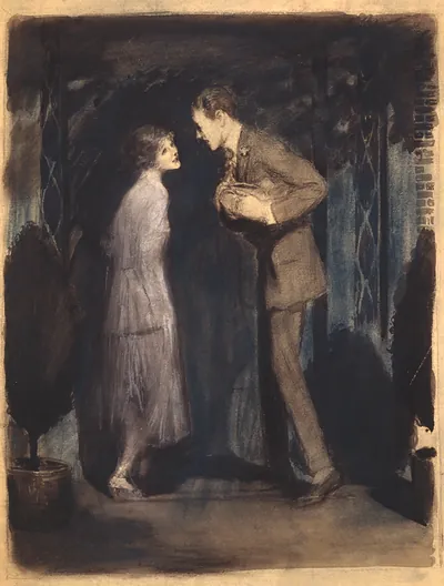 Woman in pale dress and man in suit, dim garden