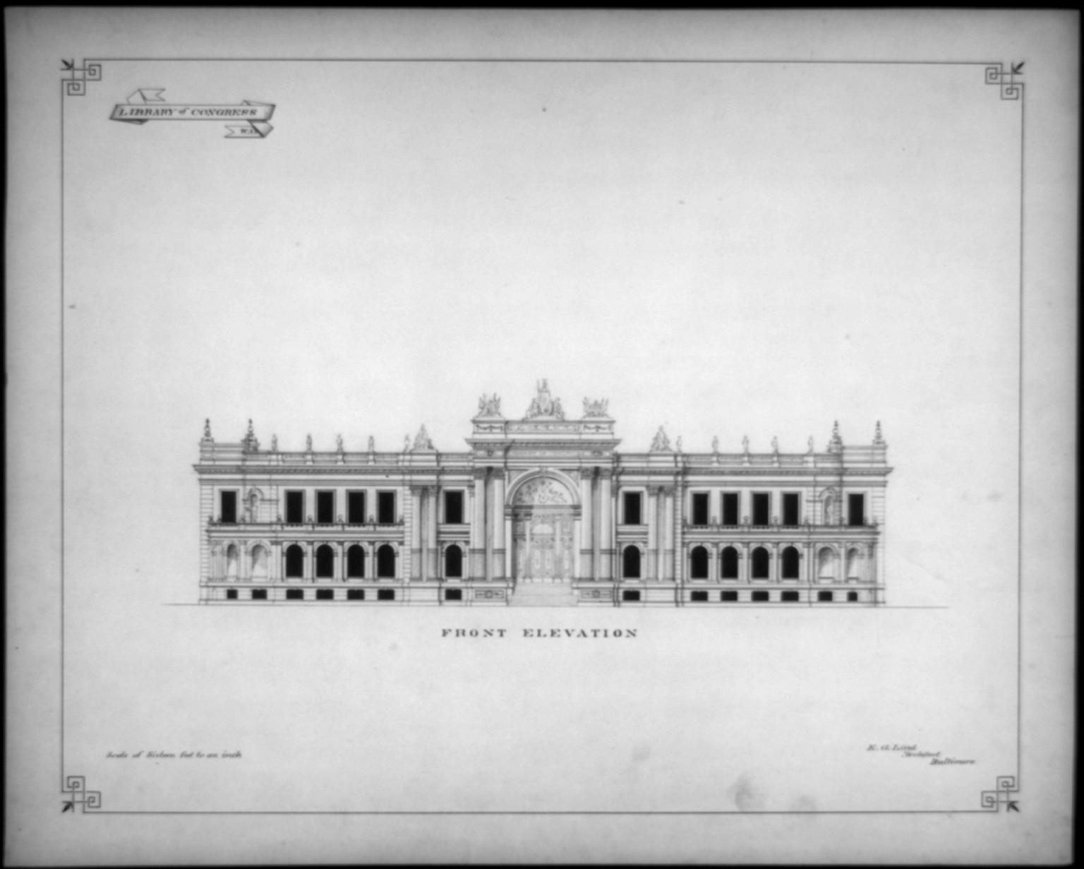[Library of Congress, Washington, D.C. Front elevation], and Engineering (ADE) Drawings" (http://www.loc.gov/rr/print/res/103_ade.html)." — historic drawing