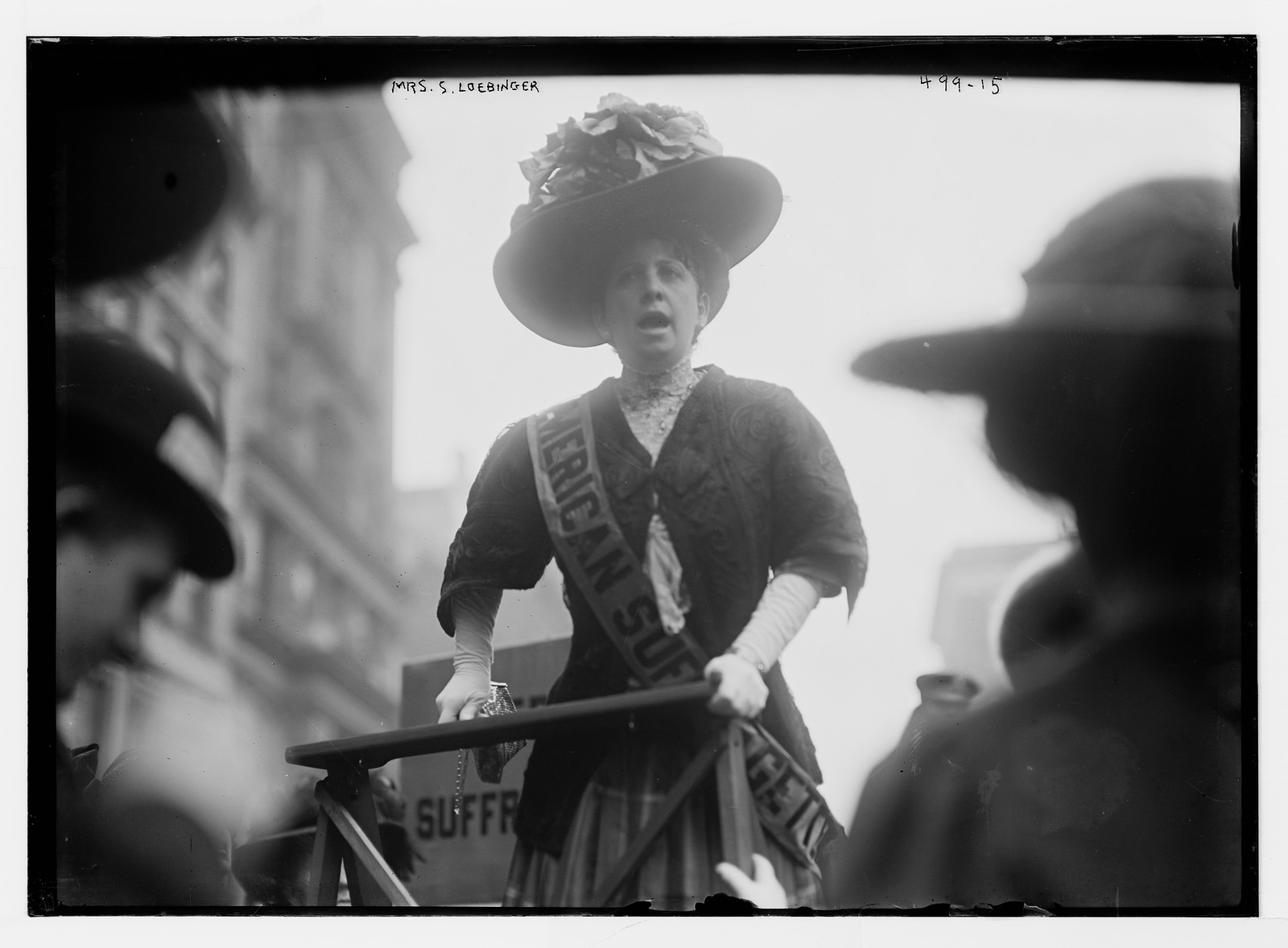 Suffragette Mrs. S. Loebinger speaking from platform, New York, 10/28/08. — historic photograph