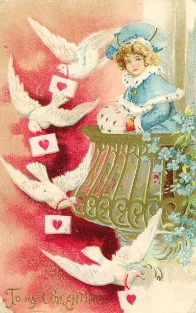 Child on balcony with doves carrying Valentine letters