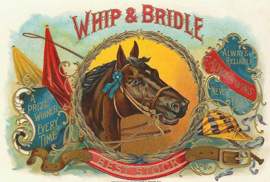 Whip & Bridle cigar box label with horse head — historic image