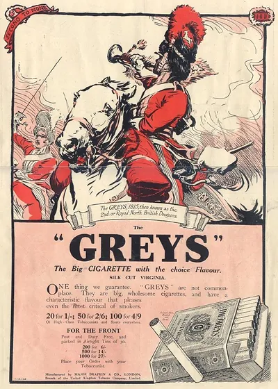 Advertisement for Greys cigarettes with mounted dragoon