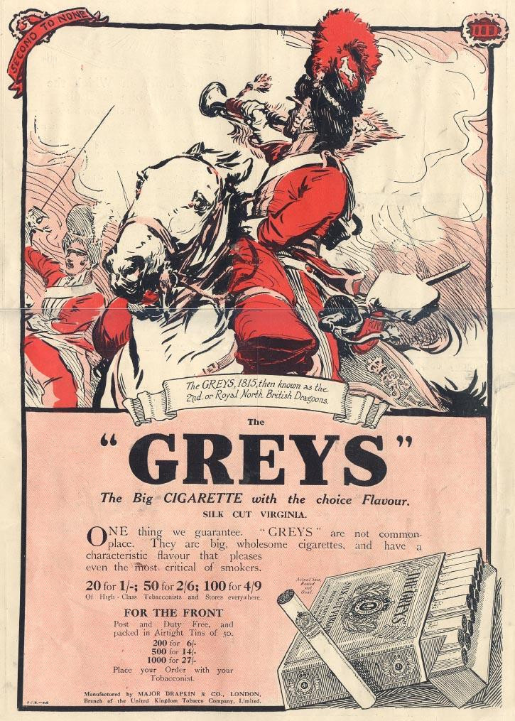 Advertisement for Greys cigarettes with mounted dragoon — historic image