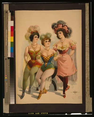 [Three women in tights and feathers]
