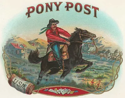 Pony Post cigar label with mounted rider and mailbag