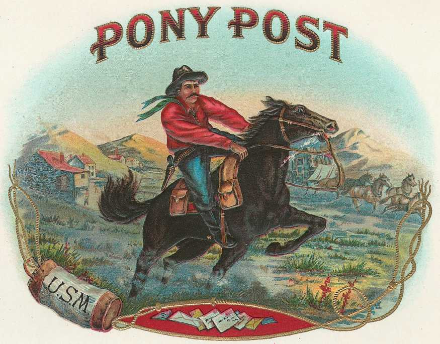Pony Post cigar label with mounted rider and mailbag — historic image