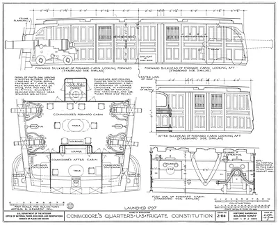 Commodore's Quarters, U.S. Frigate Constitution, measured drawing elevations and plans