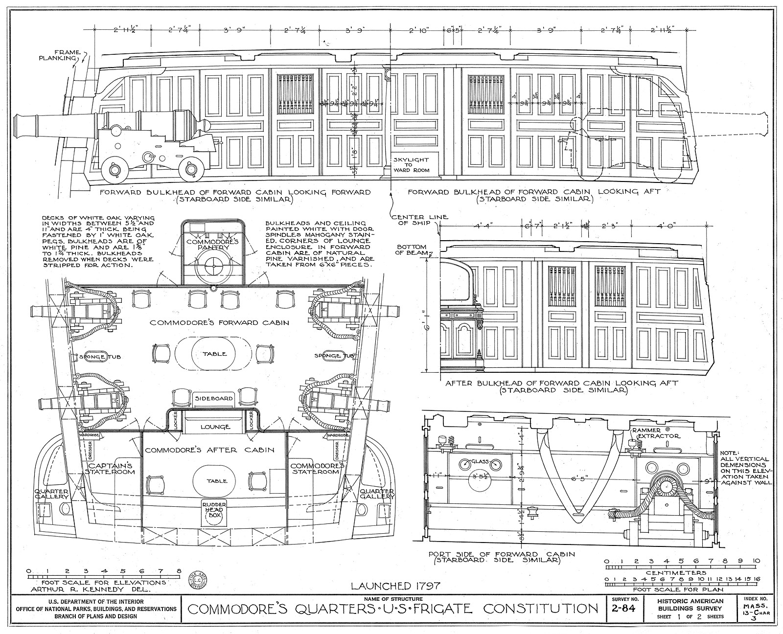 Commodore's Quarters, U.S. Frigate Constitution, measured drawing elevations and plans — historic drawing