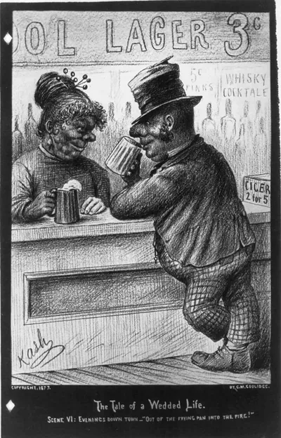 The Tale of a Wedded Life, in Ten Scenes, by Cassius M. Collidge [couple in domestic scenes]: Scene VI - Evenings down Town [man at bar]