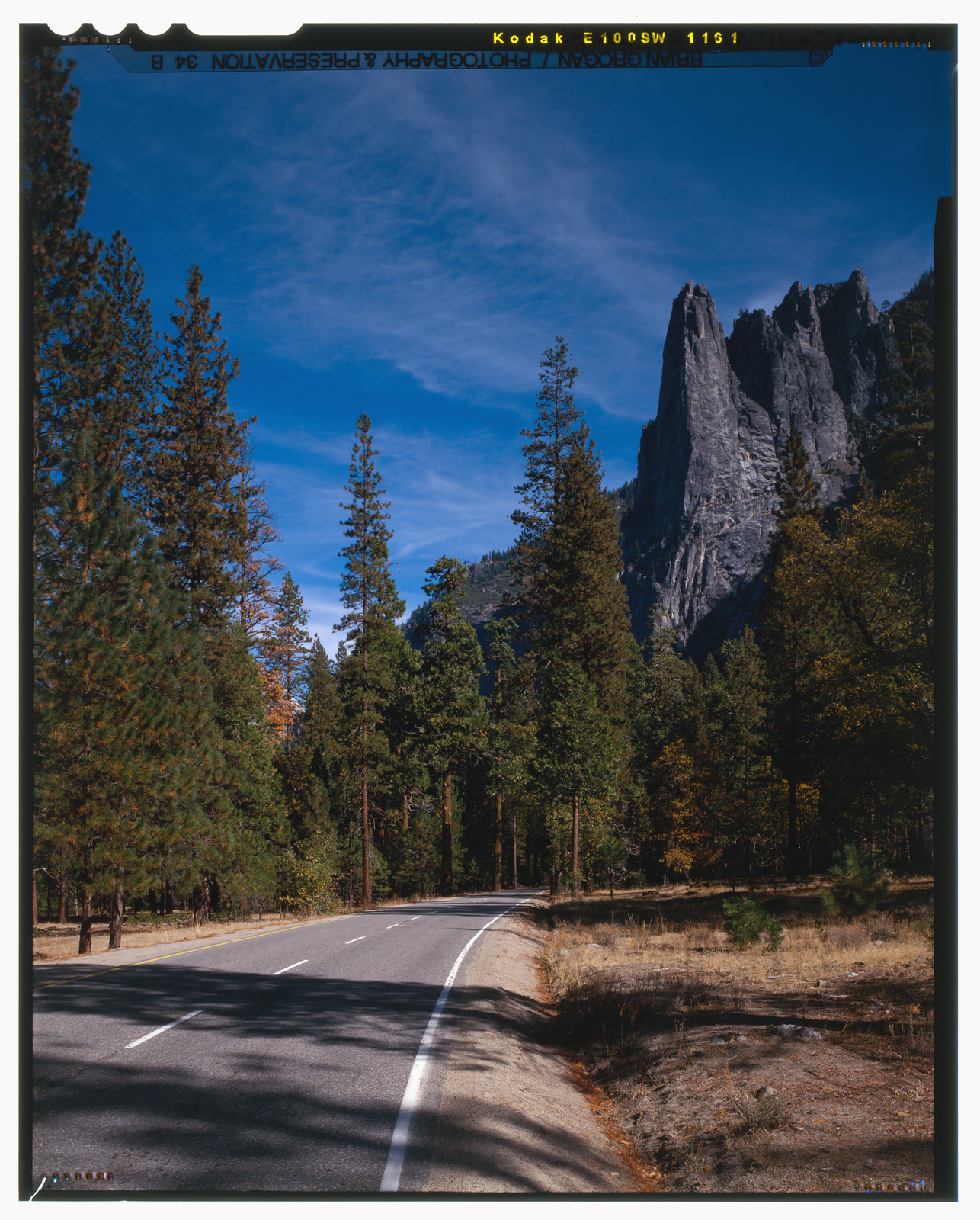 Two-lane road past granite spires and pines, Yosemite — historic image