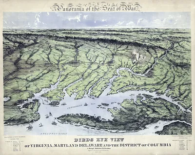 Panorama of the Seat of War: Birds Eye View of Virginia, Maryland, Delaware and the District of Columbia