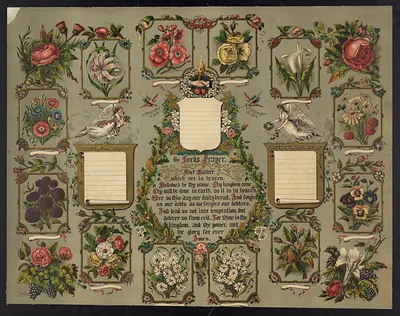 Family record card with flowers and the Lord's Prayer