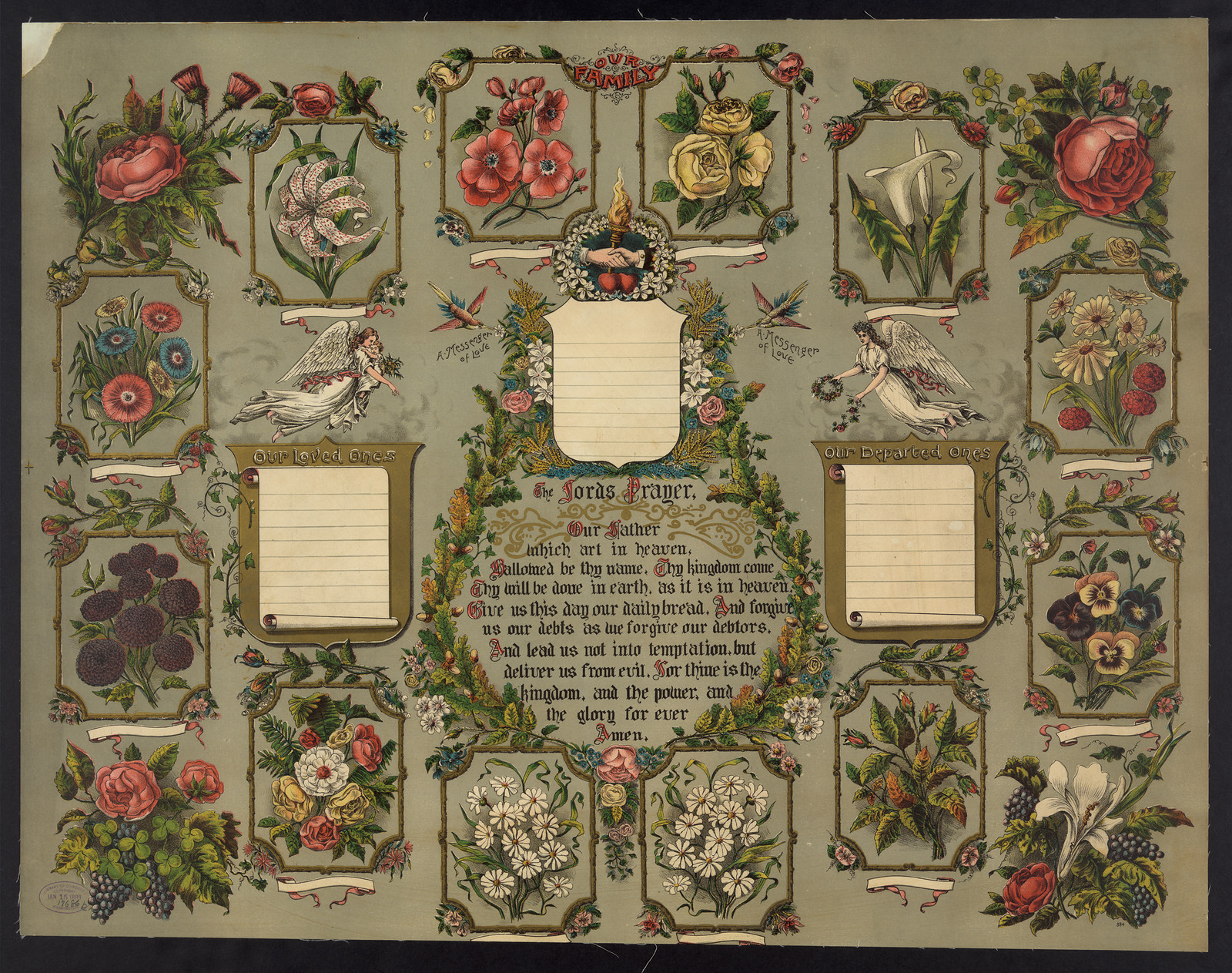 Family record card with flowers and the Lord's Prayer — historic image