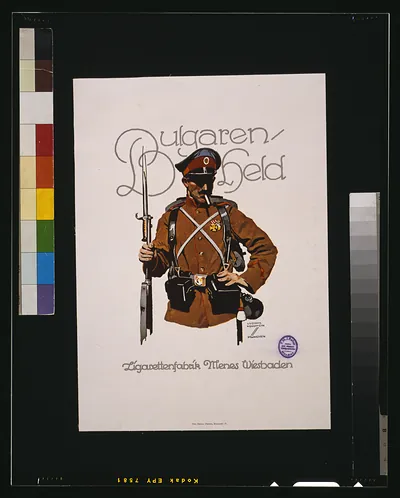 Bulgaren-Held cigarette poster with Bulgarian soldier, Mienes Wiesbaden