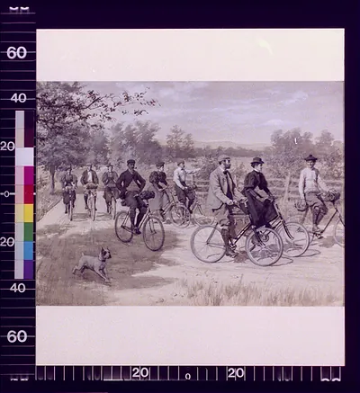 Cyclists riding along a country road with a dog