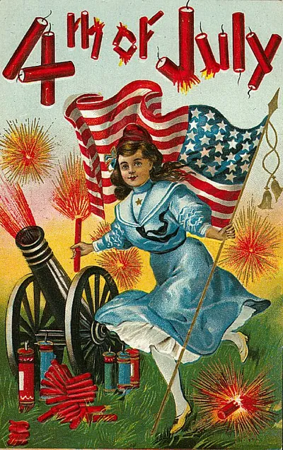 4th of July postcard with girl, flag, cannon and firecrackers