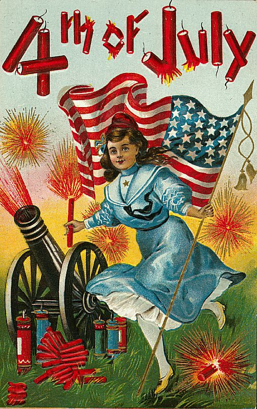 4th of July postcard with girl, flag, cannon and firecrackers — vintage postcard