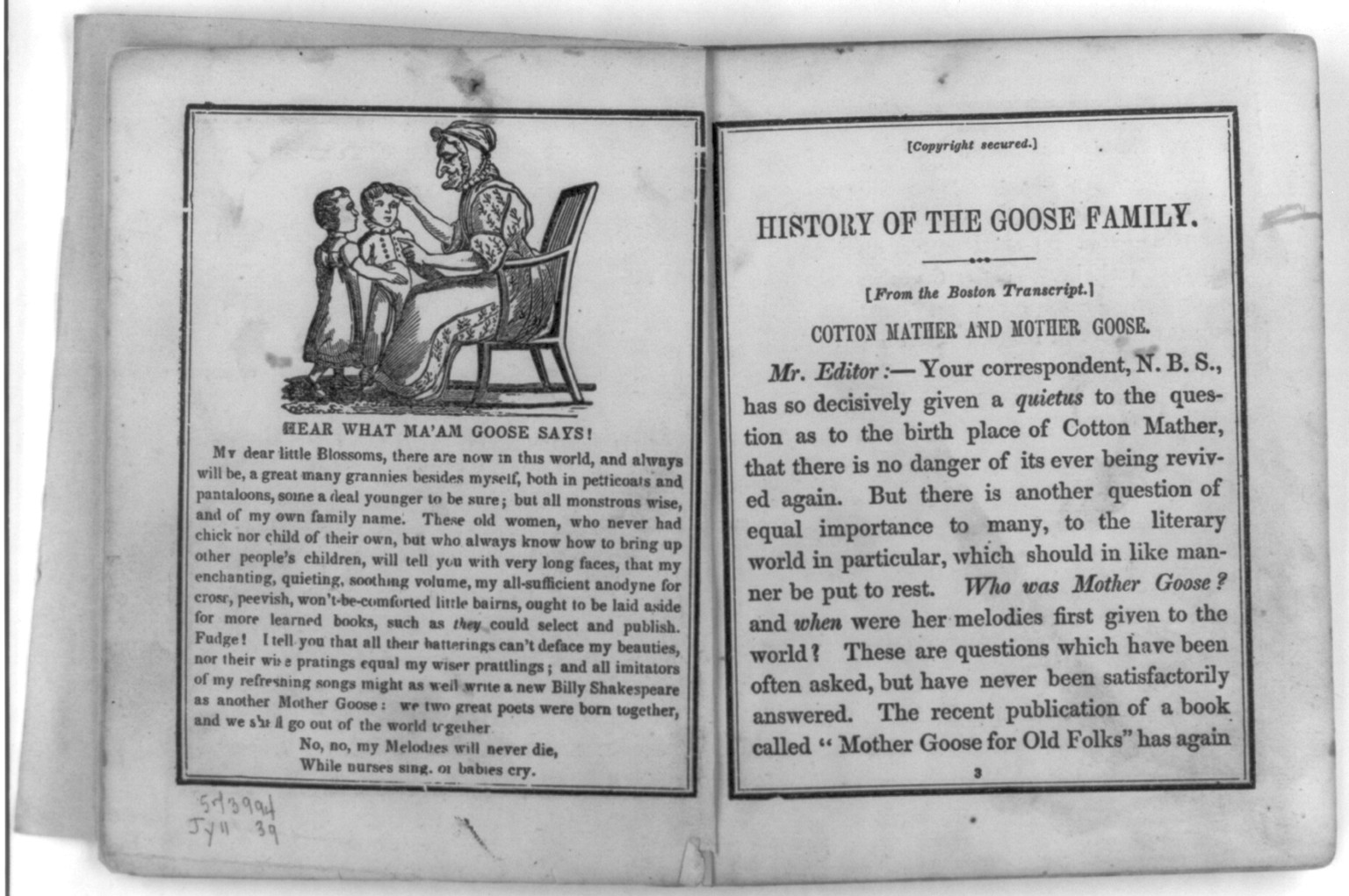 The Only True Mother Goose (Boston: Monroe & Francis) 1833 — historic image
