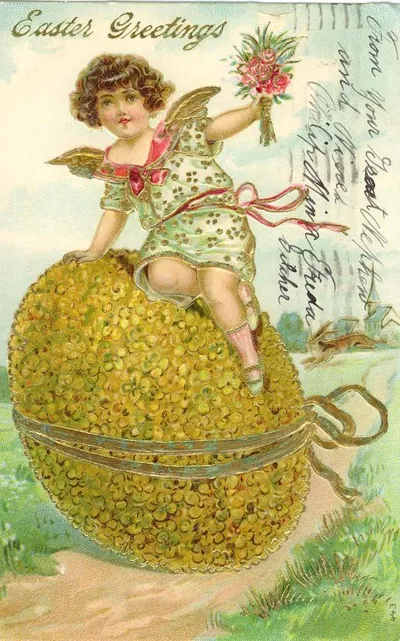 Easter Greetings postcard: cherub on golden egg