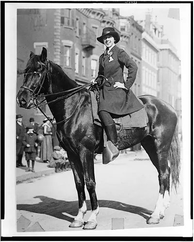 [Solita Solano on horse, leading suffrage parade, Beacon St., Boston]