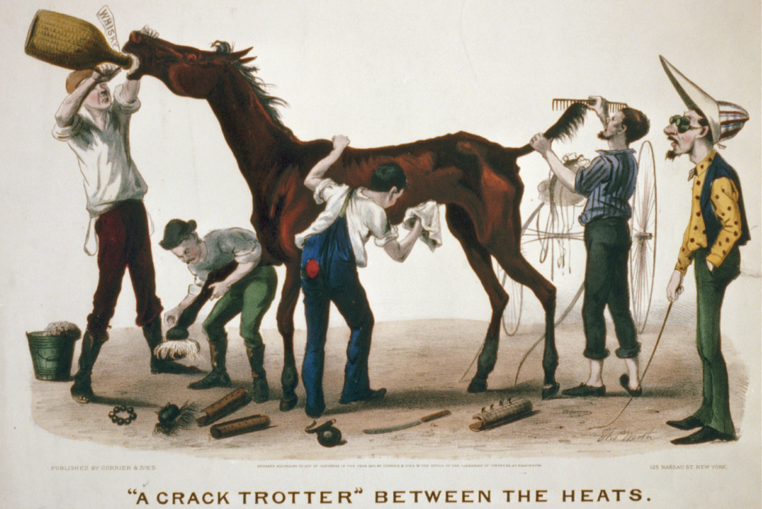 A Crack trotter" between the heats", [New York] : Currier & Ives, 1875. — antique lithograph