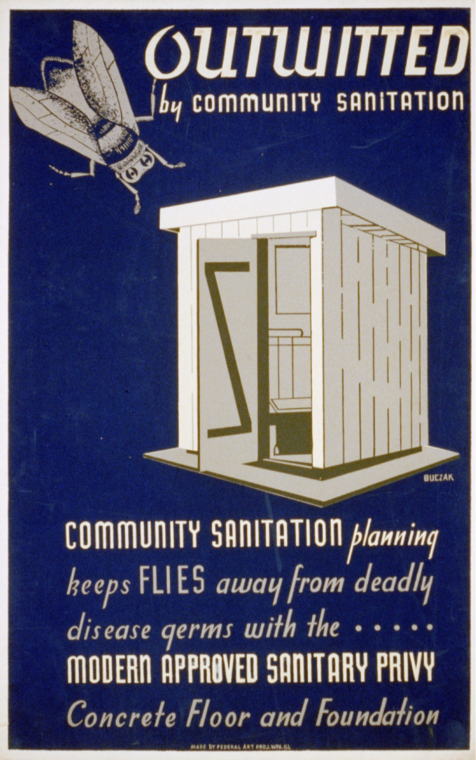 Outwitted by community sanitation Community sanitation planning keeps flies away from, 1940 — vintage poster