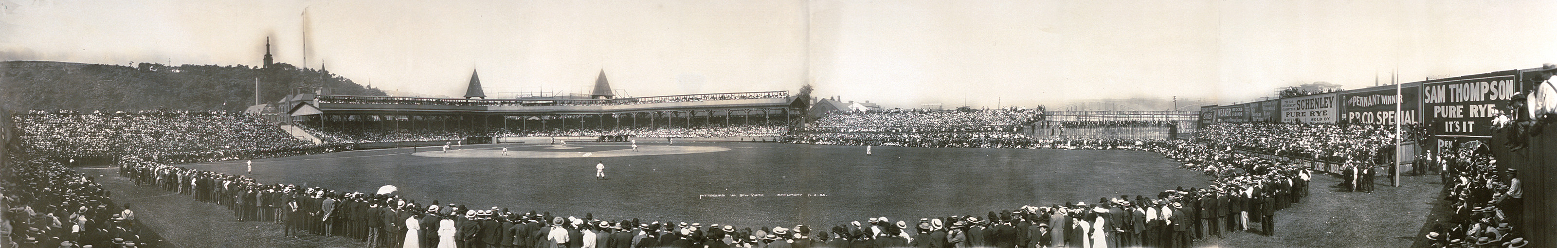 Panoramic photograph of a baseball game in a crowded stadium, 1905 — historic photograph