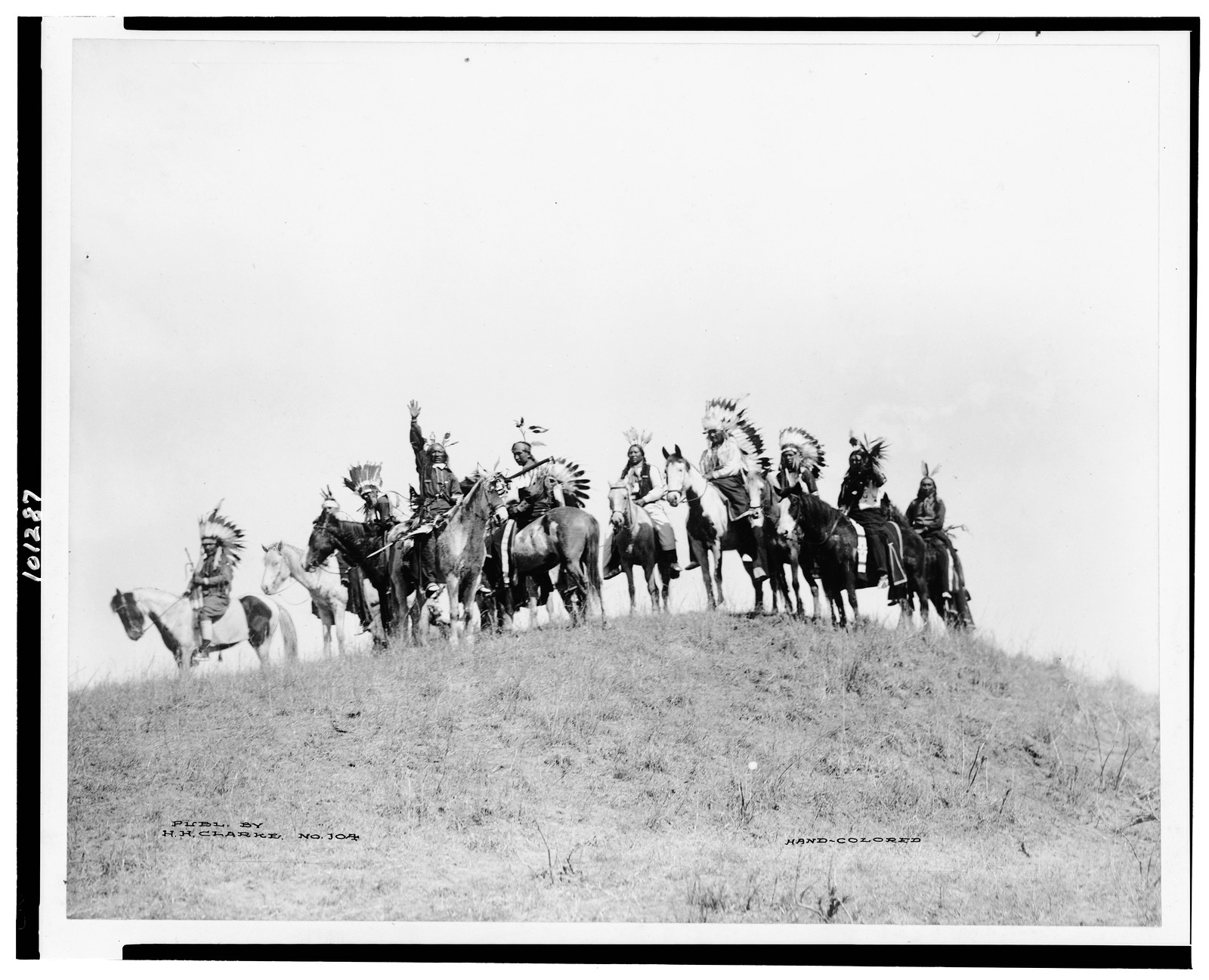 [Ponca Indian scouts posed on horseback, 101 Ranch, Bliss, Oklahoma], Publ. by H.H. Clarke, [1892-1930] — historic photograph