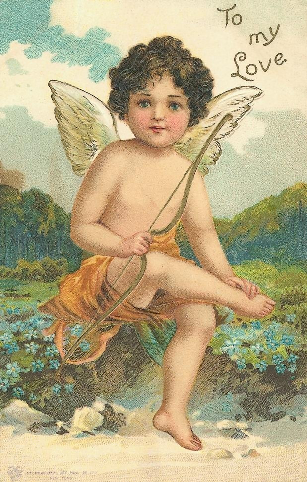 To my Love: Valentine card with cupid holding a bow — historic image