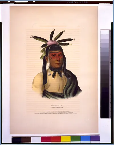 Amiskquew, a Menominie warrior / drawn, printed & col. at the Lithographic & Print Colouring Establishment.