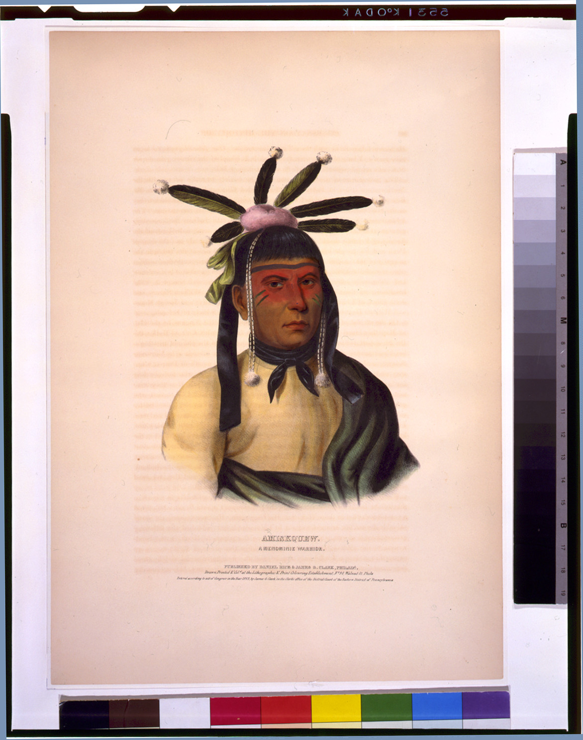 Amiskquew, a Menominie warrior / drawn, printed & col. at the Lithographic & Print Colouring Establishment., Philada. : published by Daniel Rice & James G. Clark, c1843. — antique lithograph