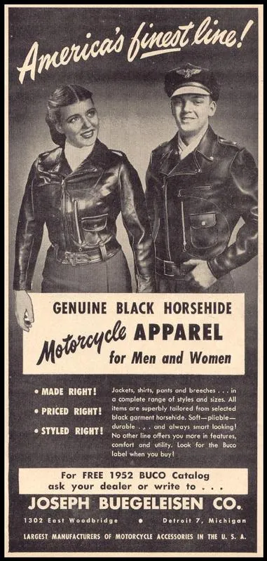 Buco motorcycle apparel advertisement for men and women, 1952