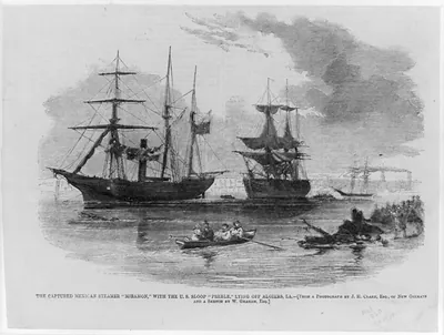 The captured Mexican steamer MIRAMON, with the U.S. sloop PREBLE, lying off Algiers, La.