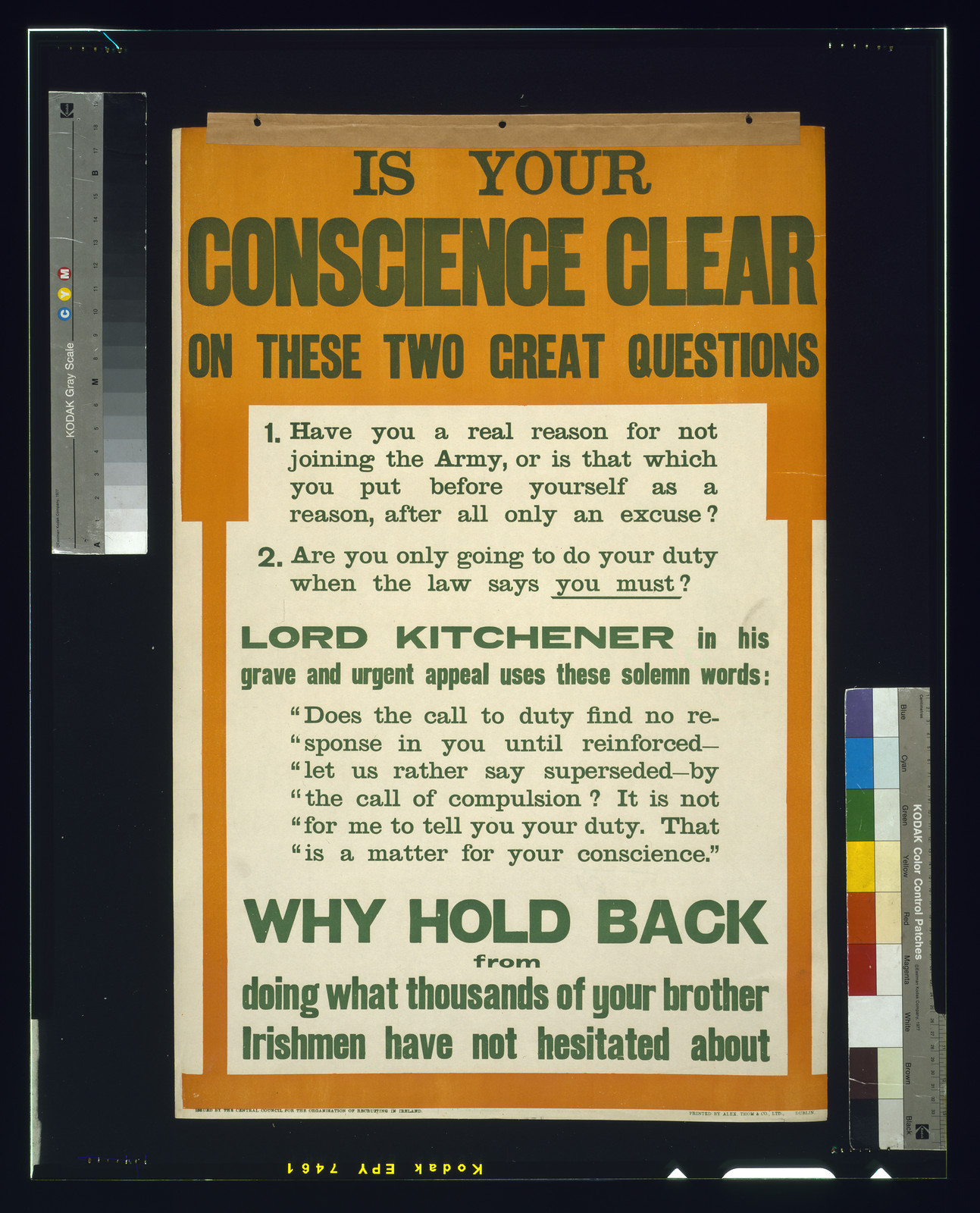 Is your conscience clear on these two great questions / printed by Alex. Thom & Co., Ltd., Dublin., [Dublin] : Central Council for the Organisation of Recruiting in Ireland, [1916] — vintage poster