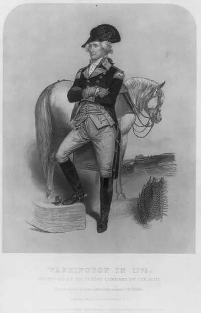 [George Washington, full length portrait, in uniform, standing in front of horse, facing left; 1775]
